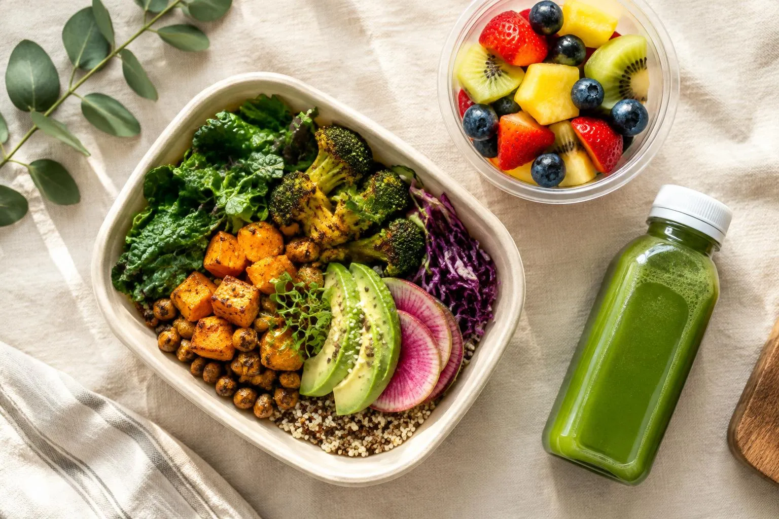 A grain bowl with greens, roasted vegetables and avocado beside a fruit cup and green juice