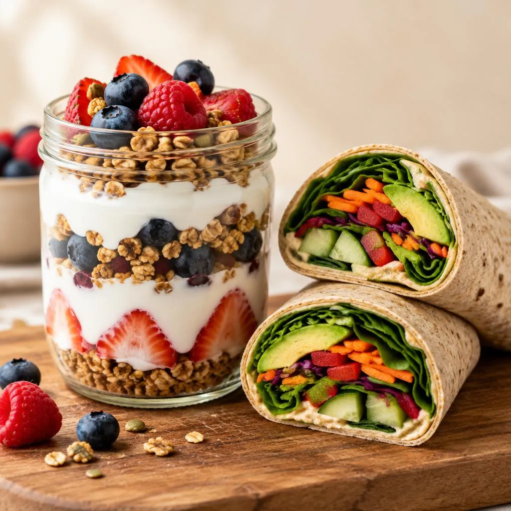 Illustrative photo of a berry yogurt parfait and halved veggie wraps